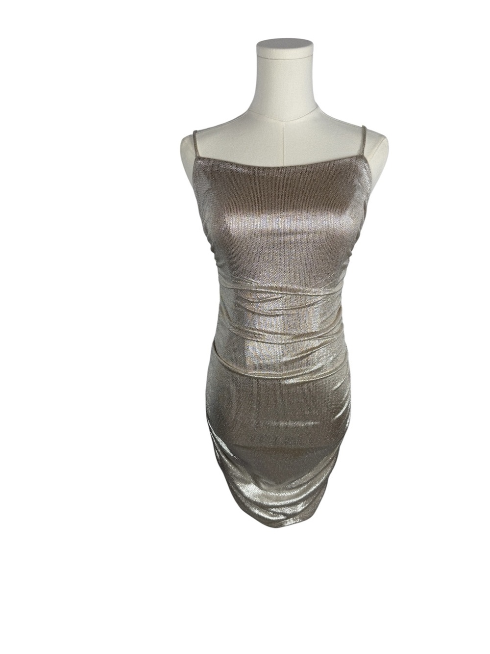 Gold Metallic Ruched Bodycon Mini Dress Open Back Size S